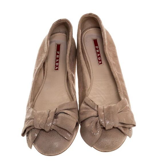 Prada Beige Textured Leather Bow Ballet Flats Size 37 - Picture 3 of 4